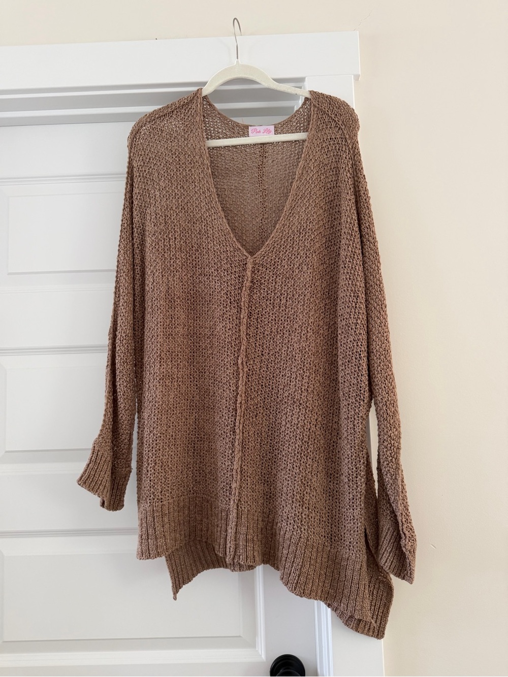 Pink Lily Chunky V-Neck Crochet Sweater — Brown
